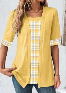 Modlily Plus Size Yellow Fake 2in1 Plaid T Shirt - 2X