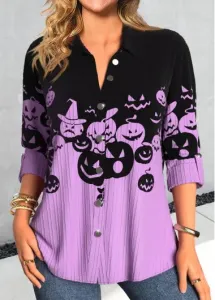 Modlily Purple Button Halloween Print Long Sleeve Blouse - L