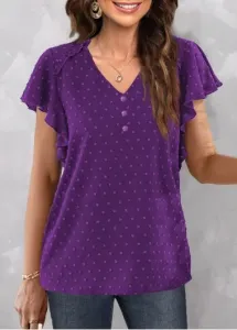 Modlily Purple Button Short Sleeve V Neck Blouse - M