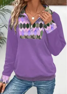 Modlily Purple Patchwork Geometric Print Long Sleeve Sweatshirt - S
