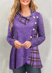 Modlily Purple Patchwork Plaid Long Sleeve Cowl Neck Sweatshirt - XXL