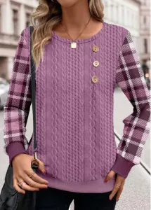 Modlily Purple Patchwork Plaid Long Sleeve Round Neck Sweatshirt - XXL