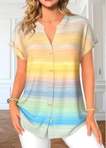 Modlily Rainbow Color Button Ombre Short Sleeve Blouse - M