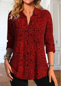 Modlily Red Button Leopard Long Sleeve Shirt Collar Blouse - M