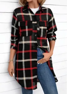 Modlily Red Button Plaid Long Sleeve Shirt Collar Blouse - L #1217004