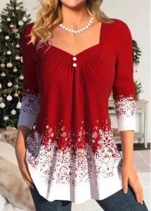 Modlily Red Button Snowflake Print Long Sleeve Heart Collar Blouse - XL