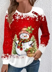 Modlily Red Button Snowman Print Long Sleeve Round Neck Sweatshirt - L