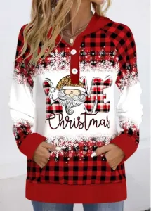 Modlily Red Christmas Button Santa Claus Print Long Sleeve Hoodie - L