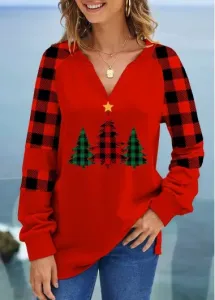 Modlily Red Christmas Tree Print V Neck Sweatshirt - S