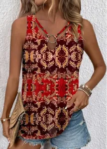 Modlily Red Cut Out Tribal Print Sleeveless Tank Top - M