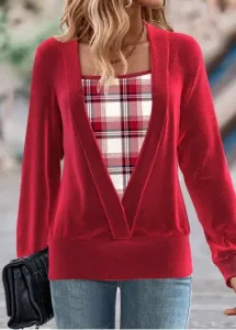 Modlily Red Fake 2in1 Plaid Long Sleeve Square Neck Sweatshirt - L
