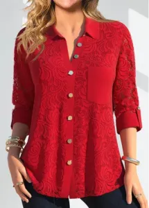 Modlily Red Lace Long Sleeve Shirt Collar Blouse - L