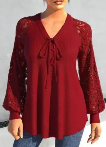 Modlily Red Lace Long Sleeve V Neck Blouse - S