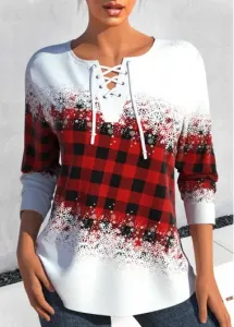 Modlily Red Lace Up Snowflake Print Long Sleeve Sweatshirt - XXL