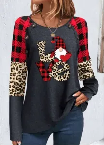 Modlily Red Patchwork Christmas Print Long Sleeve Round Neck Sweatshirt - L