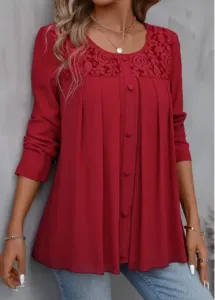 Modlily Red Patchwork Long Sleeve Round Neck Blouse - M