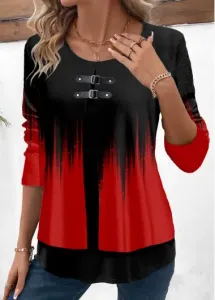 Modlily Red Patchwork Ombre Long Sleeve Round Neck Blouse - XXL