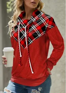 Modlily Red Patchwork Plaid Long Sleeve Cowl Neck Sweatshirt - L