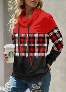 Modlily Red Patchwork Plaid Long Sleeve Cowl Neck Sweatshirt - S