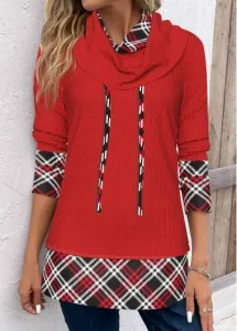 Modlily Red Patchwork Plaid Long Sleeve Cowl Neck Sweatshirt - XS