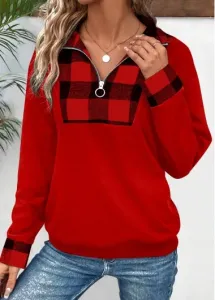 Modlily Red Patchwork Plaid Long Sleeve Turn Down Collar Sweatshirt - L