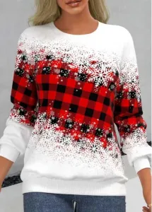 Modlily Red Snowflake Print Long Sleeve Round Neck Sweatshirt - M
