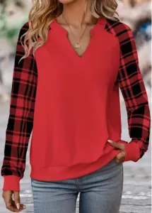 Modlily Red Split Plaid Long Sleeve Sweatshirt - XXL