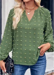 Modlily Ruched Green Split Long Sleeve Blouse - M