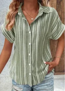 Modlily Sage Green Button Striped Short Sleeve Blouse - XXL