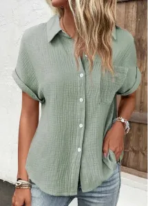 Modlily Sage Green Pocket Short Sleeve Shirt Collar Blouse - L