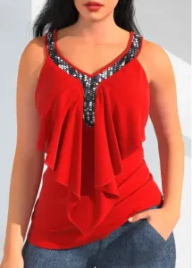 Modlily Sequin Detail Red Flounce Tank Top - S