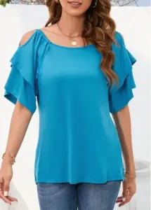 Modlily Sky Blue Ruched Short Sleeve Boat Neck Blouse - 2XL