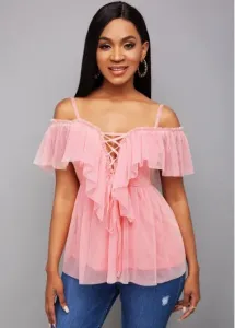Modlily Strappy Cold Shoulder Lace Up Blouse - S