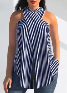 Modlily Striped Cross Front Halter Navy Blue Tank Top - S