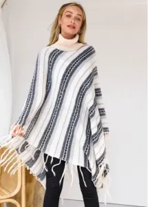 Modlily Tassel Stripe Print Long Sleeve Turtleneck Sweater - L