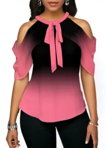 Modlily Tie Front Halter Cold Shoulder Pink Blouse - L