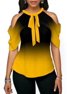 Modlily Tie Front Halter Cold Shoulder Yellow Blouse - L