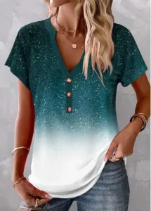 Modlily Turquoise Button Ombre Short Sleeve V Neck Blouse - XXL