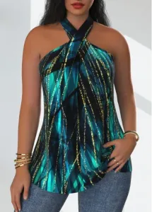 Modlily Turquoise Criss Cross Marble Print Sleeveless Tank Top - L
