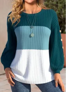 Modlily Turquoise Patchwork Long Sleeve Round Neck Sweatshirt - XL