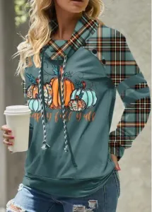 Modlily Turquoise Patchwork Plaid Long Sleeve Cowl Neck Sweatshirt - XL