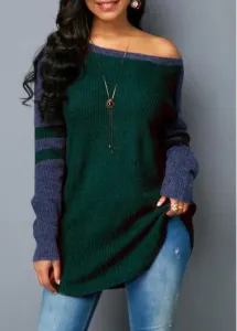Modlily Varsity Stripe Curved Hem Dark Green Sweater - S