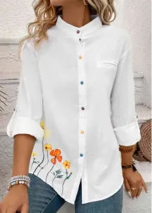 Modlily White Button Floral Print Long Sleeve Stand Collar Blouse - 2XL