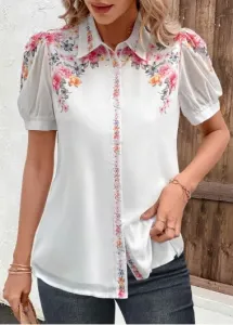 Modlily Valentine's Day White Button Floral Print Short Sleeve Blouse - M