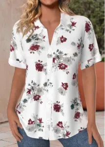 Modlily White Button Floral Print Short Sleeve Shirt Collar Blouse - L