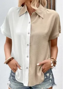 Modlily White Button Short Sleeve Shirt Collar Blouse - XL