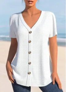 Modlily White Button Short Sleeve V Neck Blouse - XL
