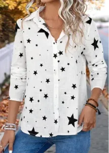 Modlily White Button Star Print Long Sleeve Shirt Collar Blouse - L