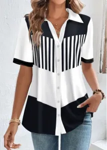 Modlily White Button Striped Short Sleeve Shirt Collar Blouse - XXL
