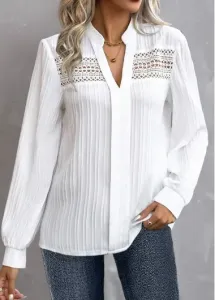 Modlily White Embroidery Long Sleeve Split Neck Blouse - XXL